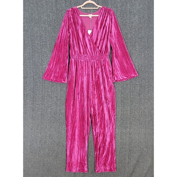 A New Day Pants - A New Day Jumpsuit Womens Medium Pink Velour Bell Long Sleeve V Neck